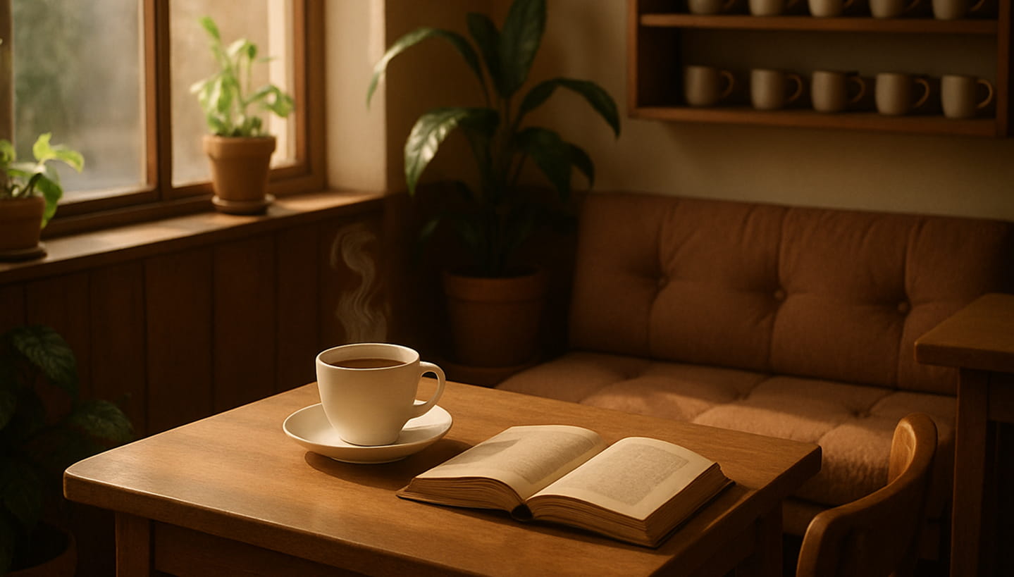 Generate a warm, welcoming coffee shop interior scene. Show a small wooden table with a steaming coffee cup, a book, and soft window light streaming in. Add background elements like plants, a cushioned bench, or shelves with mugs. The space should feel quiet, minimal, and cozy — perfect for reading or relaxing. Use warm tones: browns, beige, soft green. No people visible — just the mood and setting.