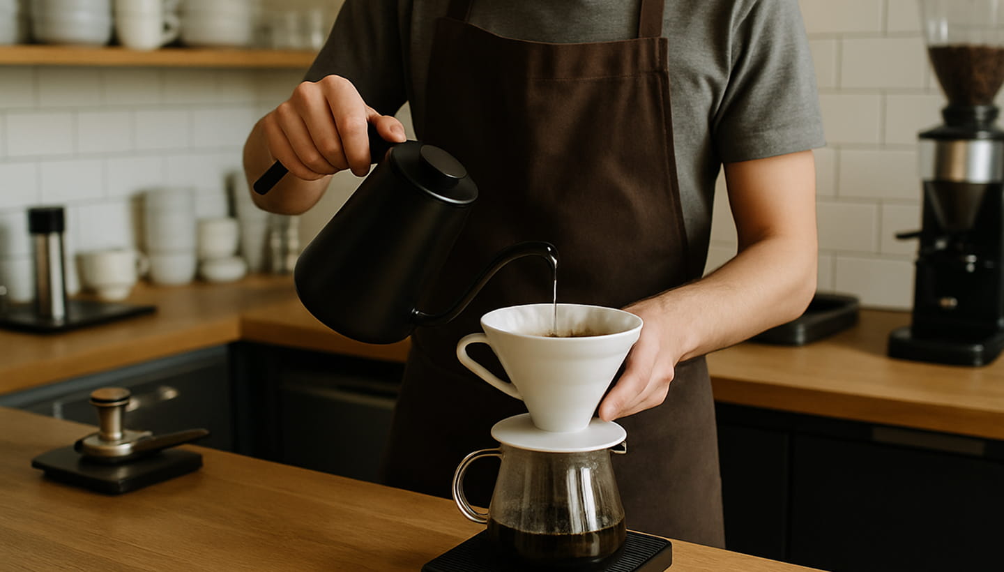 A focused barista in a modern coffee shop carefully making a pour-over or espresso. Only hands and torso visible, wearing an apron, working with high-quality tools. Background includes a clean bar setup with cups, scales, and grinders. Natural lighting, artisanal vibe.