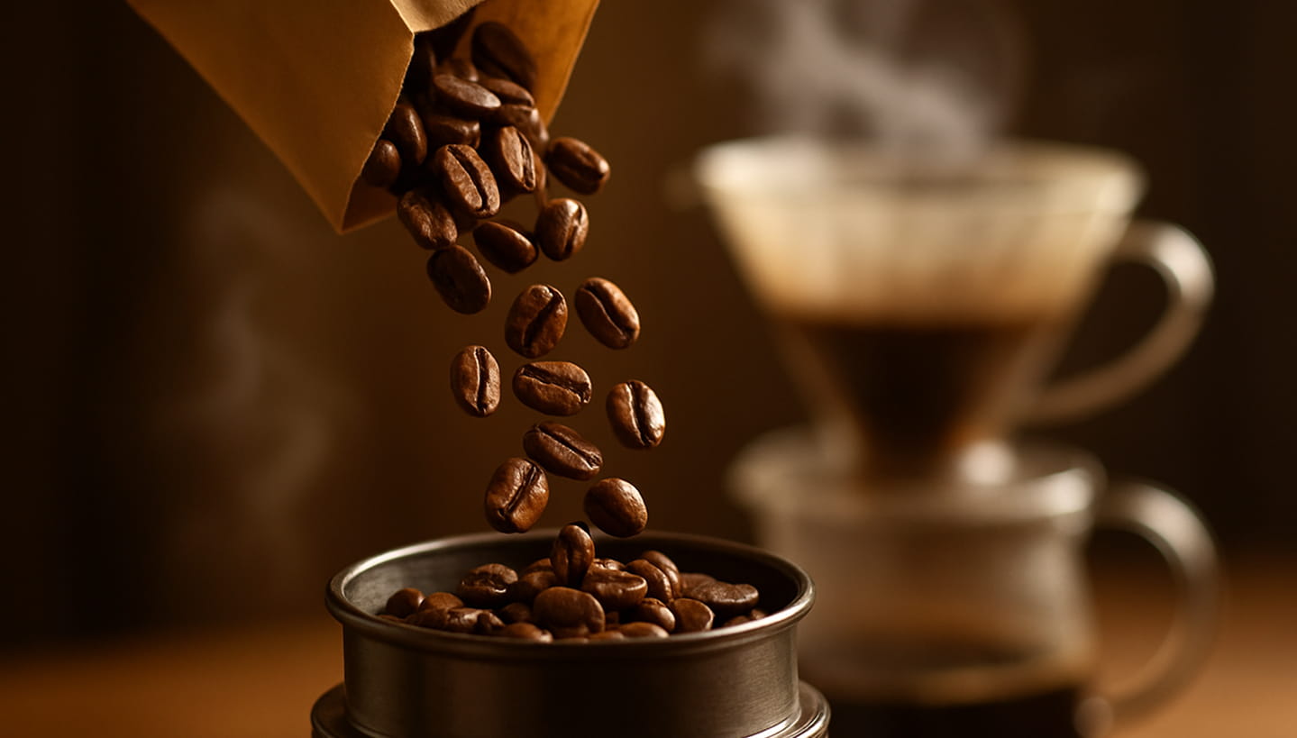 A close-up of roasted coffee beans being poured into a grinder or stored in a glass jar. Light steam rises in the background from a brewing coffee setup. Use soft shadows, warm lighting, and focus on texture and freshness. No people — just the beans and brewing ritual.